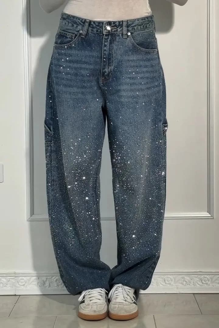 ​​Glitter Star Embellished High-Waist Jeans For Women – Stylish Stretch Denim Pants With Rhinestone Details, Straight Leg Fit