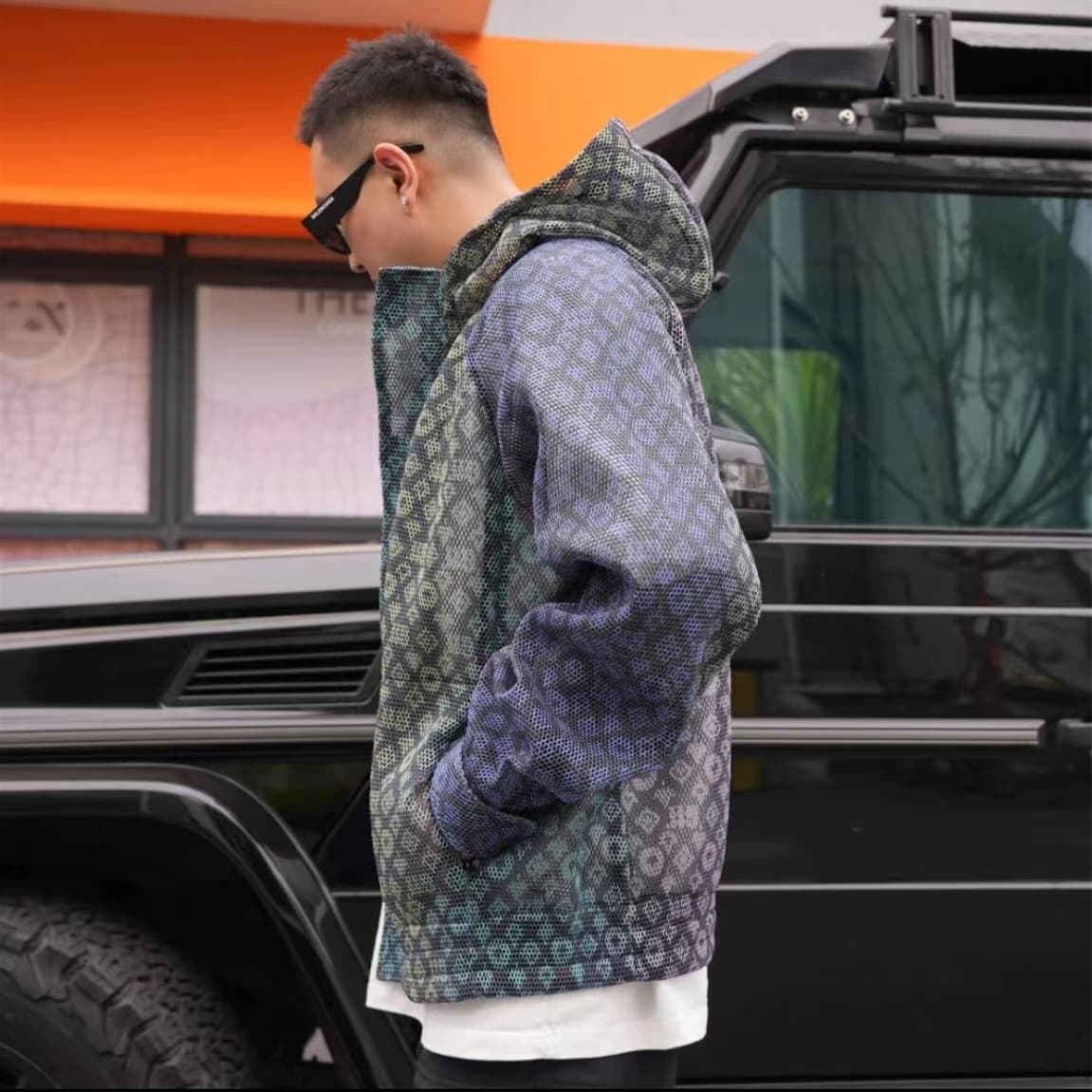 Men's Clothing New Spring And Summer Sun Protection Suit Neon Gradient Grid Personality Design Trendy All Match Breathable Jacket Shorts