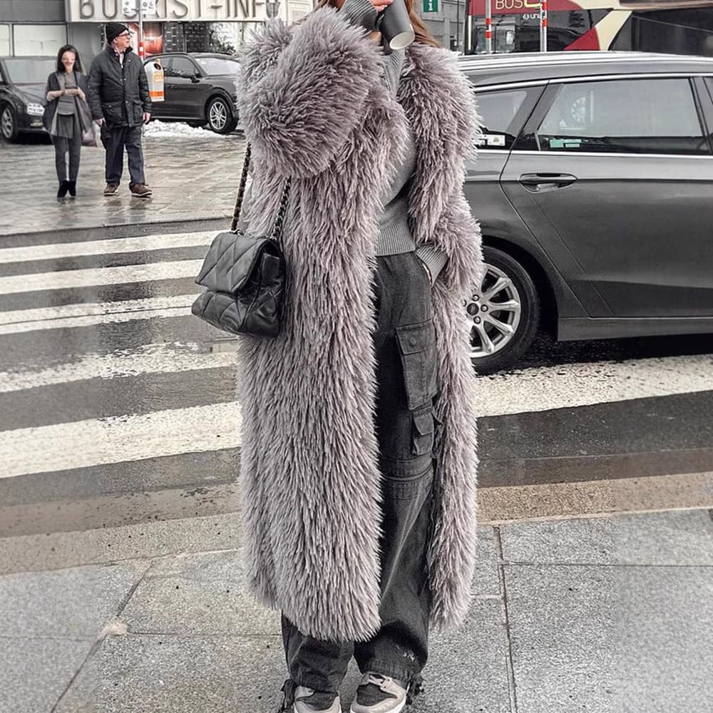 Women's Clothing Grey lapel plush coat autumn and winter loose lazy warm fur coat
