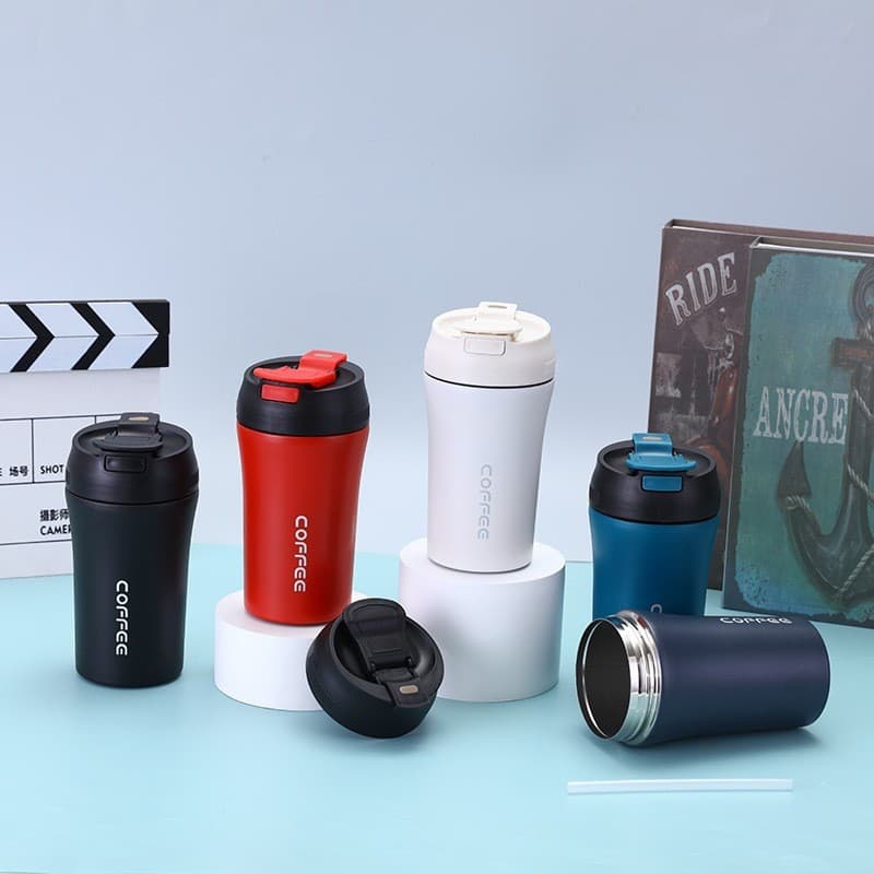 stainless steel double layer coffee cup vacuum flip bounce double drinking straw insulation cup car gift water cup