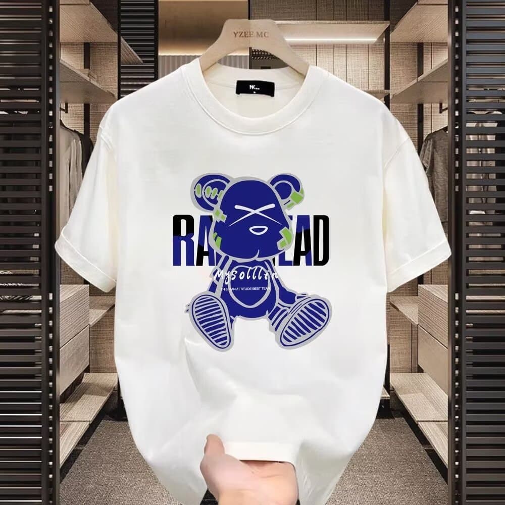Men's Clothing Summer New Sleeve Trend Brand Youth Bear Pattern Printed T Shirt Round Neck Trendy Fashion Loose Men's Short Sleeve