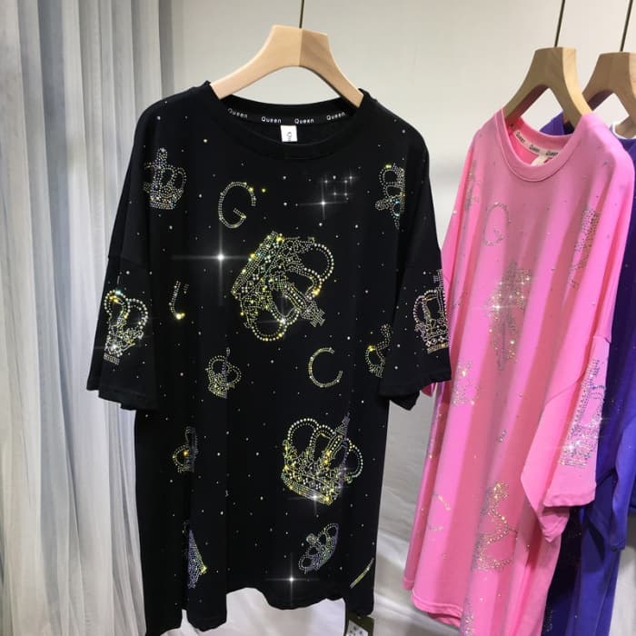 Women's heavy industry hot diamond T-shirt crown shiny short-sleeved summer new fashion style top