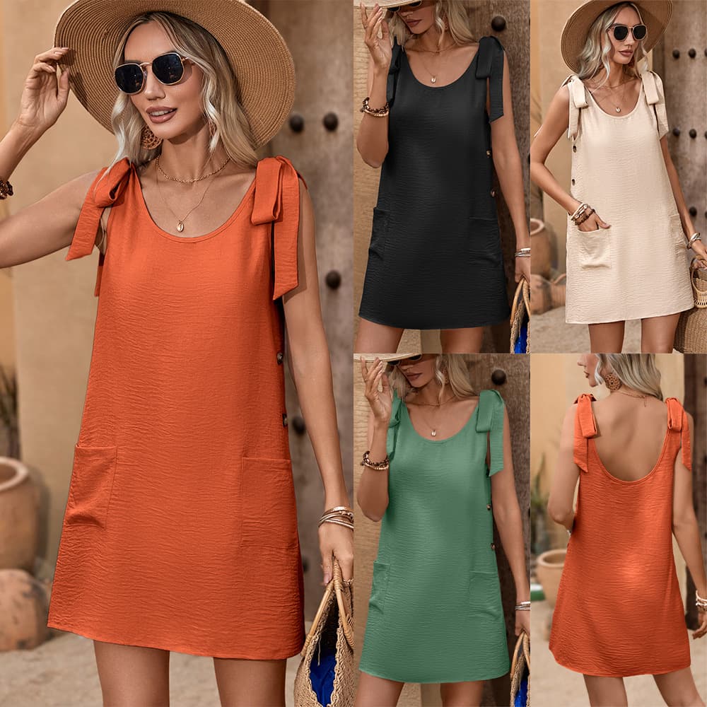 Women's crew neck casual wear sleeveless tank dress embellished buckle sleeveless dress short ladies