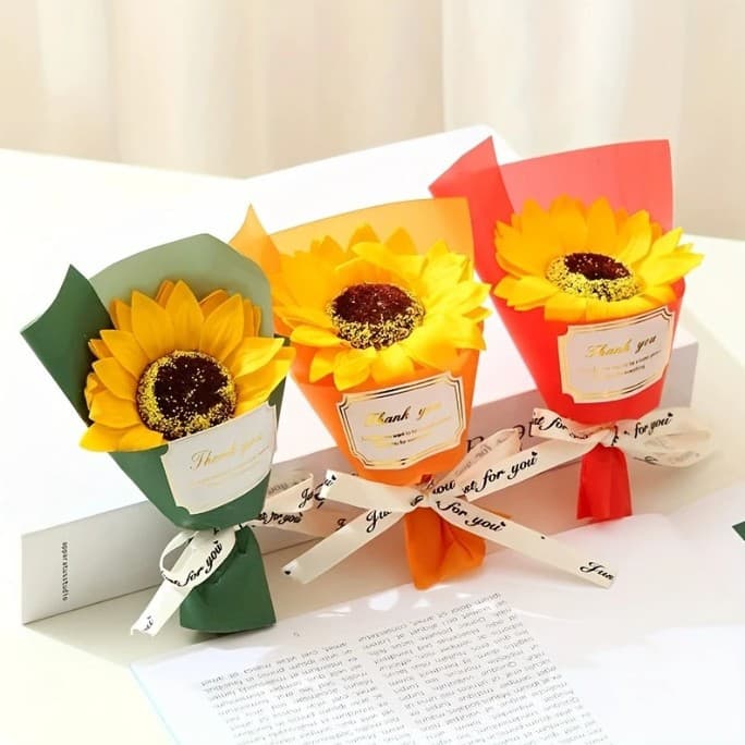 Sunflower Soap Flower Bouquet - Handmade Artificial Floral Arrangement For Graduation, Home Decor, Gift Giving (Red, Orange, Green)