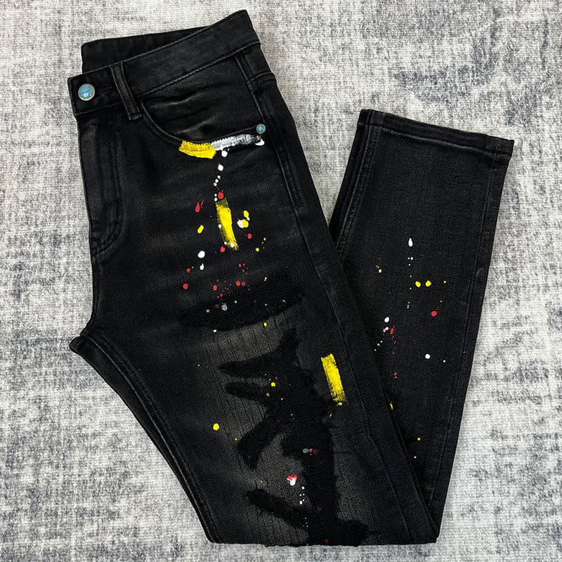 Men's Premium Splatter Paint Distressed Jeans - Slim Straight Stretch Denim Pants With Artistic Rips & Streetwear Edge (28-38)