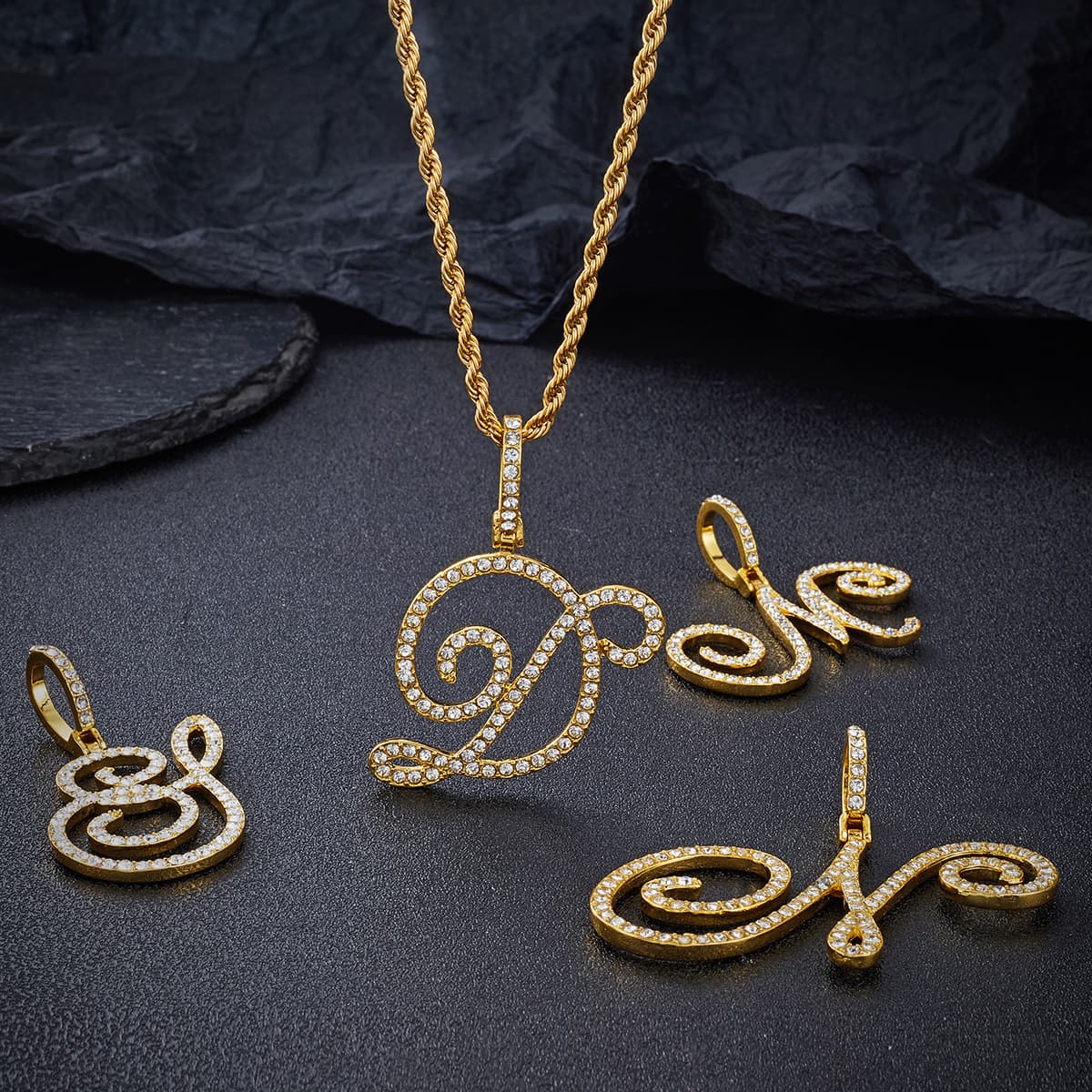 Station jewelry micro inlaid zircon cursive 26 English letter pendant hip hop necklace men and women