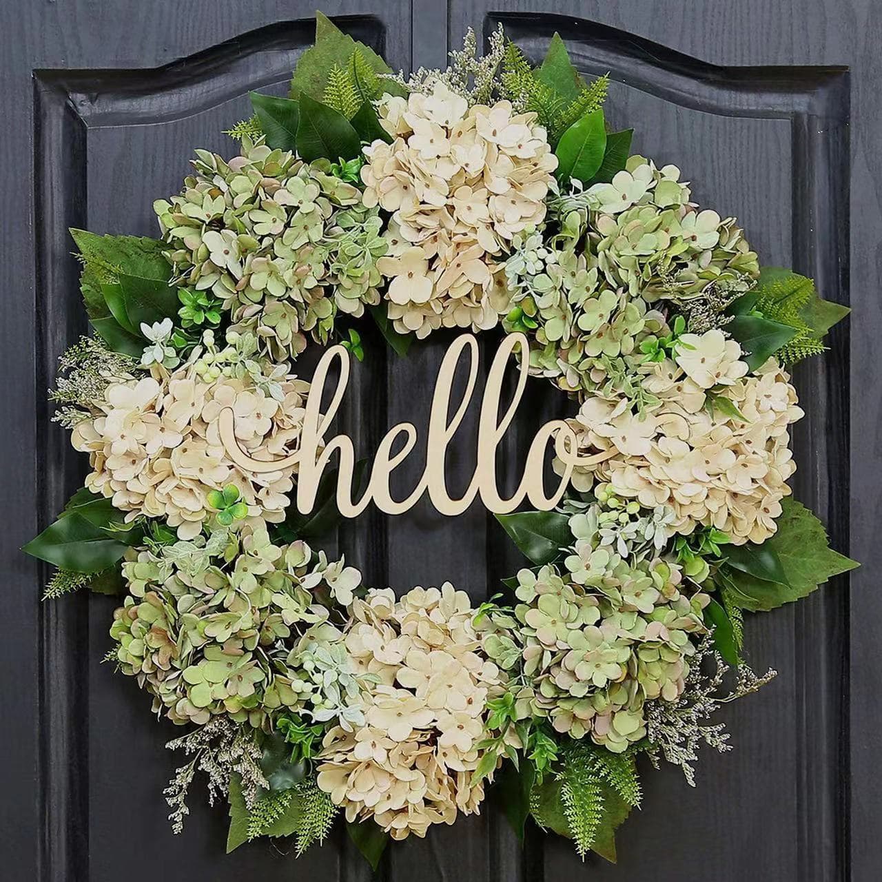 New cross-border Festival hello wreath door decoration European and American hydrangea rattan ring window decoration props wall hanging