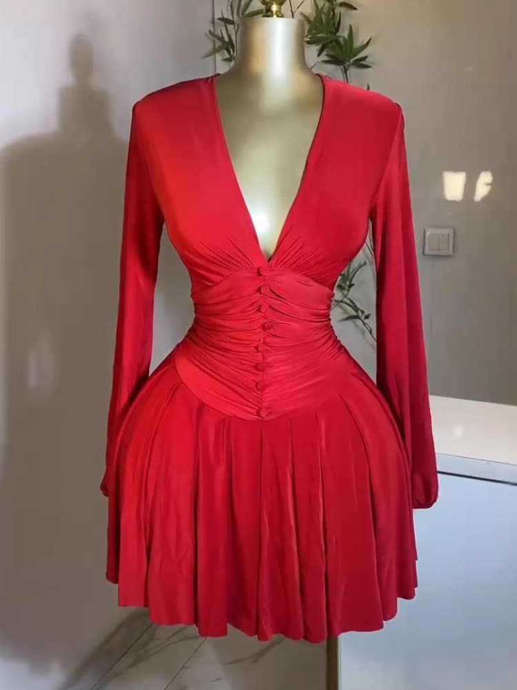 K Women's Dress With Pleats, V-neck, Long Sleeves, Slim-fitting, Waist-cinching, Slimming, Pleated Short