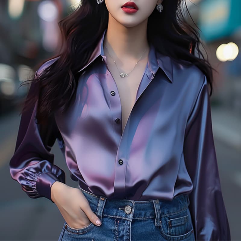 Women's Clothing Purple Satin Shirt Women's Clothing New Autumn Light Luxury Niche Design Shirt Beautiful Top