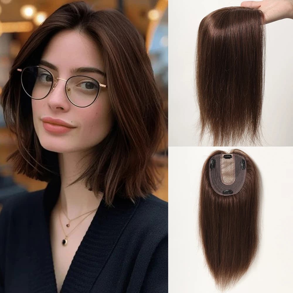 Chestnut Brown Human Hair Toppers for Women Thinning Hair Straight Toppers Silk Base Clip in Topper