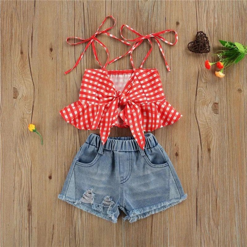Baby Clothing Stylish girl suit Halter plaid ruffled tank top + denim shorts suit