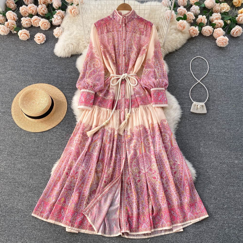 New Spring Design Niche Stand Up Collar Lantern Sleeve Printed Dress Loose Slimming Elegant Long Skirt