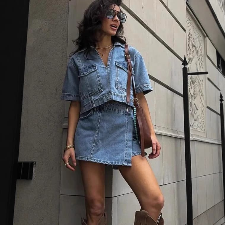 Women's Double Breasted Denim Set - V Neck Crop Shirt With High Waist Skirt Shorts Casual Streetwear Two Piece Outfit