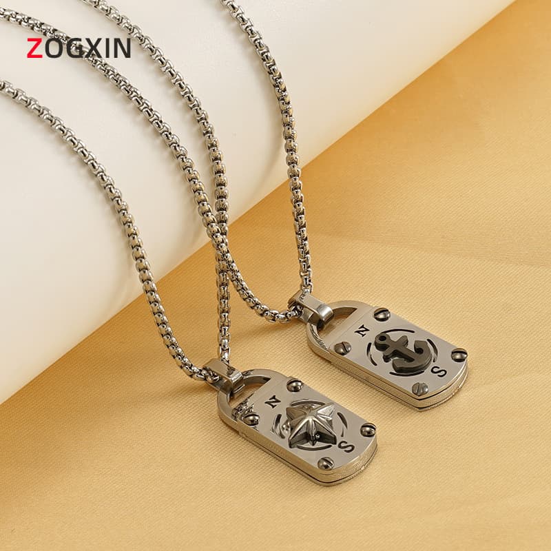 Men's Jewelry No Fading Fashion Eight Pointed Star Square Brand Titanium Steel Pendant Necklace Retro Personality Steel Anchor Necklace