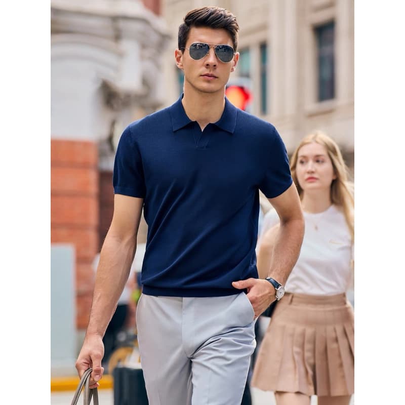 Men's Clothing Polo Shirt V Neck Short Sleeved Knitted Sweater Men's Seagull Collar Summer Ice Silk