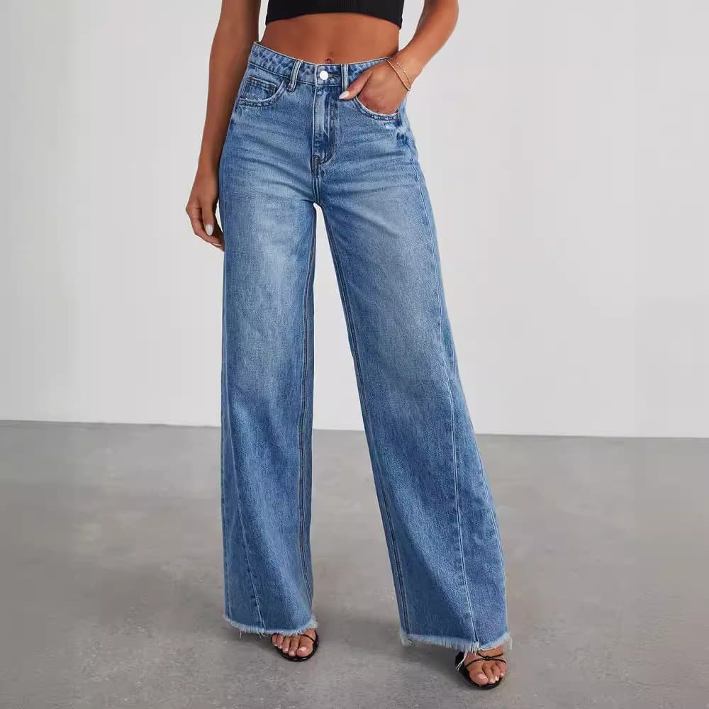 Women's Clothing Loose Wide Leg Side Seam Stitching Frayed Hem Jeans