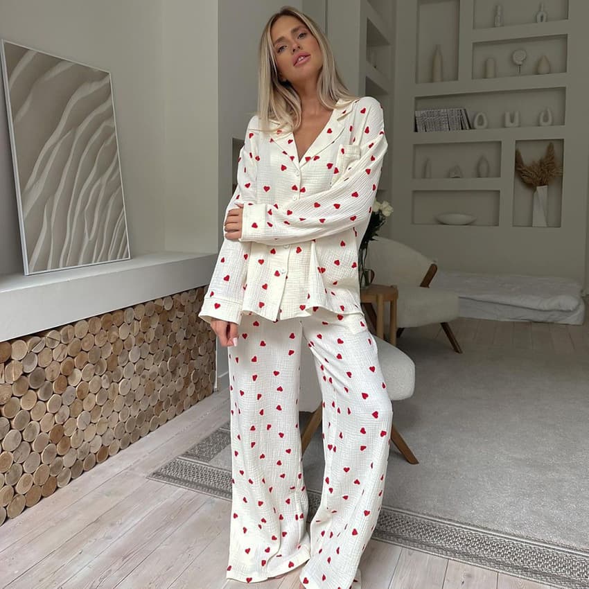 pure cotton love printed women's home wear loose long-sleeved trousers pajamas two-piece set