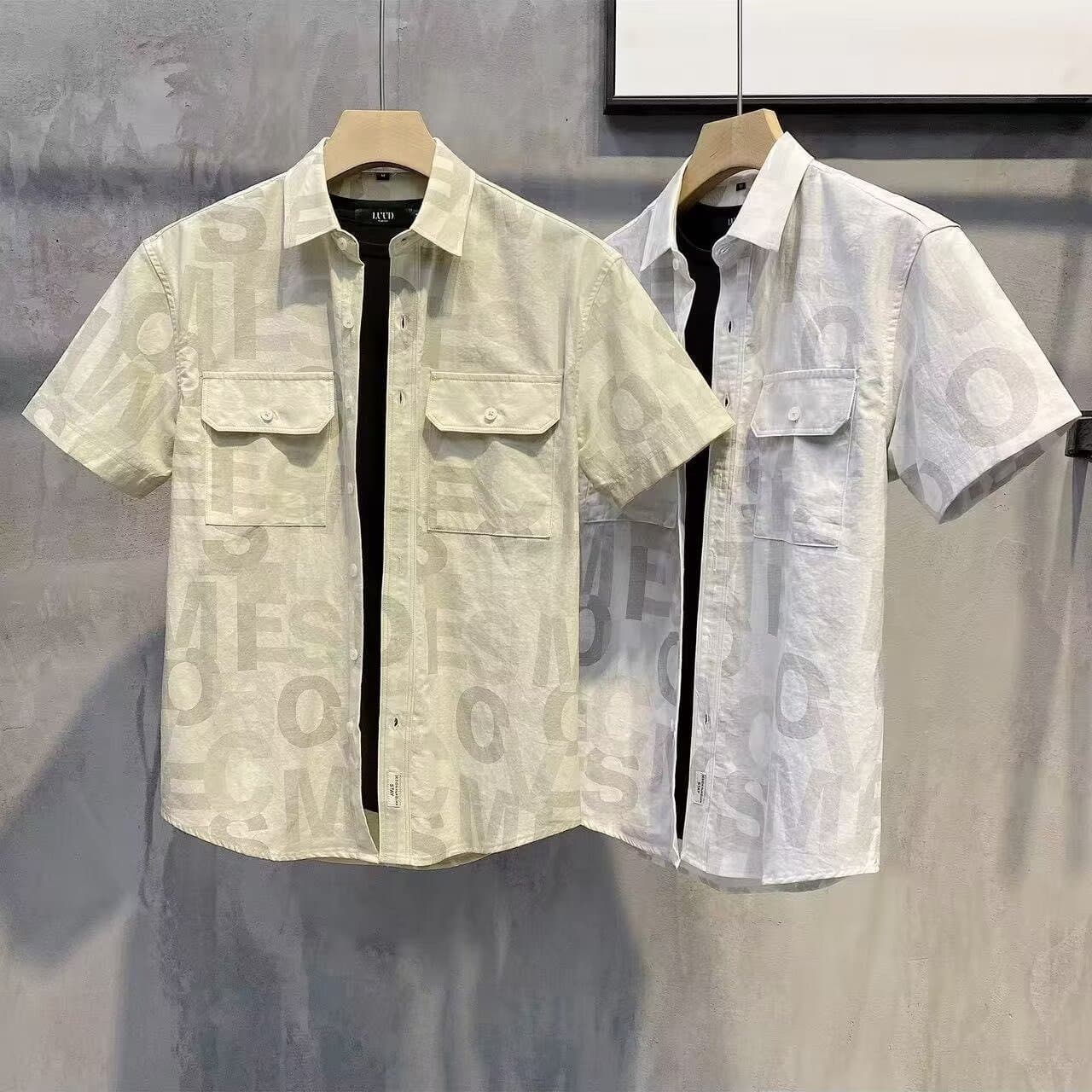 Men's Clothing Stylish Short Sleeve Printed Shirt Breathable & Comfortable Casual Wear For Summer, Lightweight Loose Fit, Available In White & Khaki