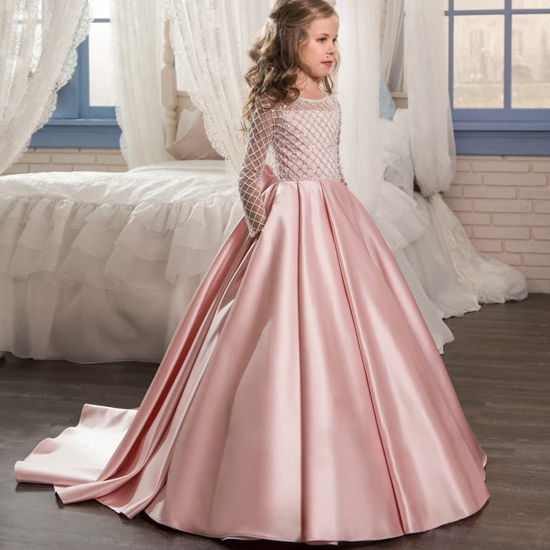 Kid's Clothing new children's clothing children's dress girl lace satin bow small train flower girl princess dress
