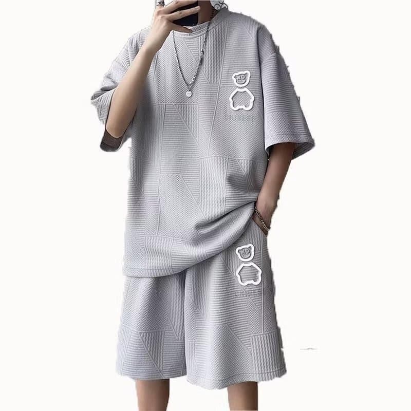 Men's Waffle Short-Sleeved T-Shirt Thin Trendy Brand Handsome Ice Silk Quick-Drying Casual Sports Shorts Set