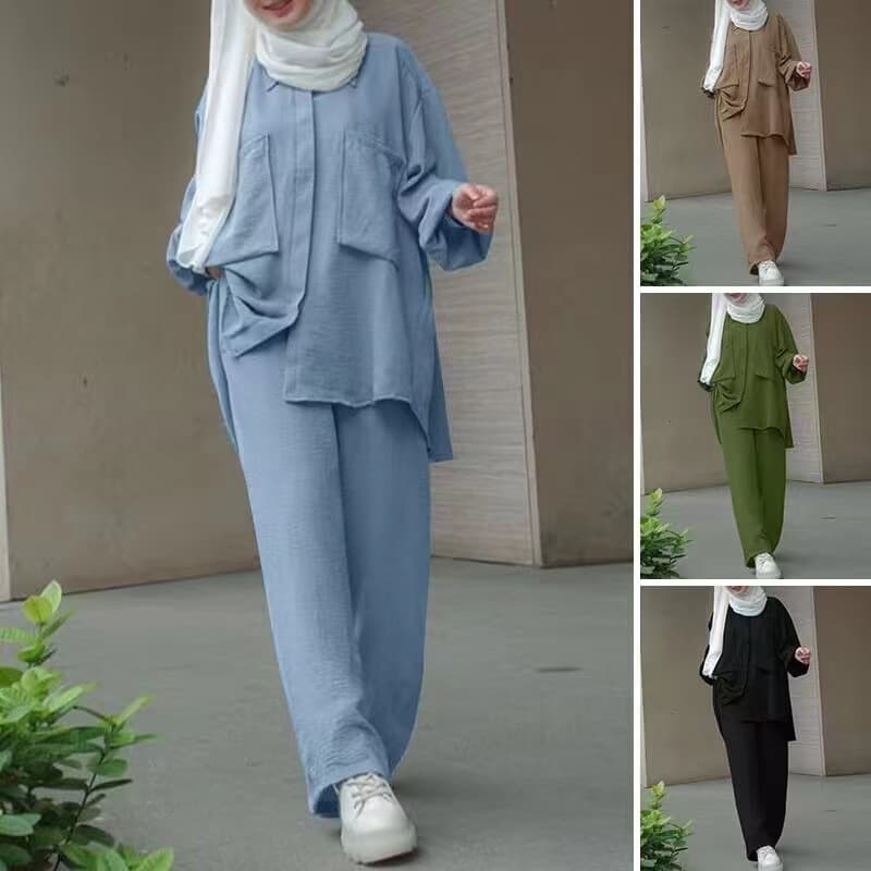 Women's Long-sleeved Patch Pocket Secret Door Tube Dyed Button Elastic Waist Trousers Shirt Suit