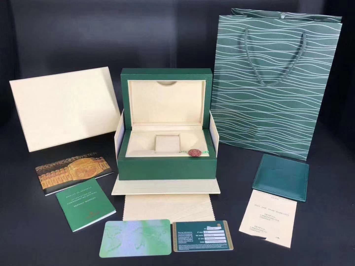 Coffret de montre Laojia Green Full Export Packaging avec boîte, carte d'instructions et pochette cadeau