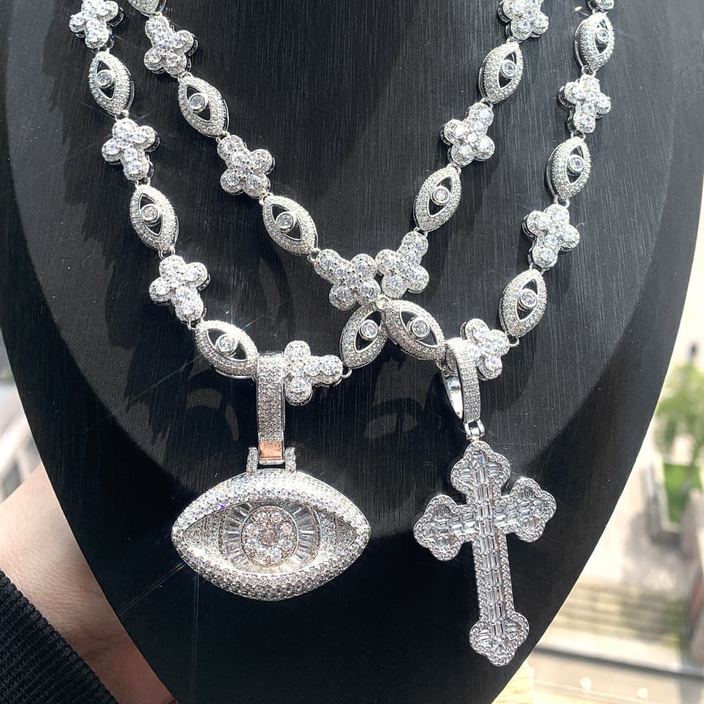 European And American New Style Eye Cross Zircon Pendant Hip Hop Rap Punk Trendy Men's Full Diamond Necklace