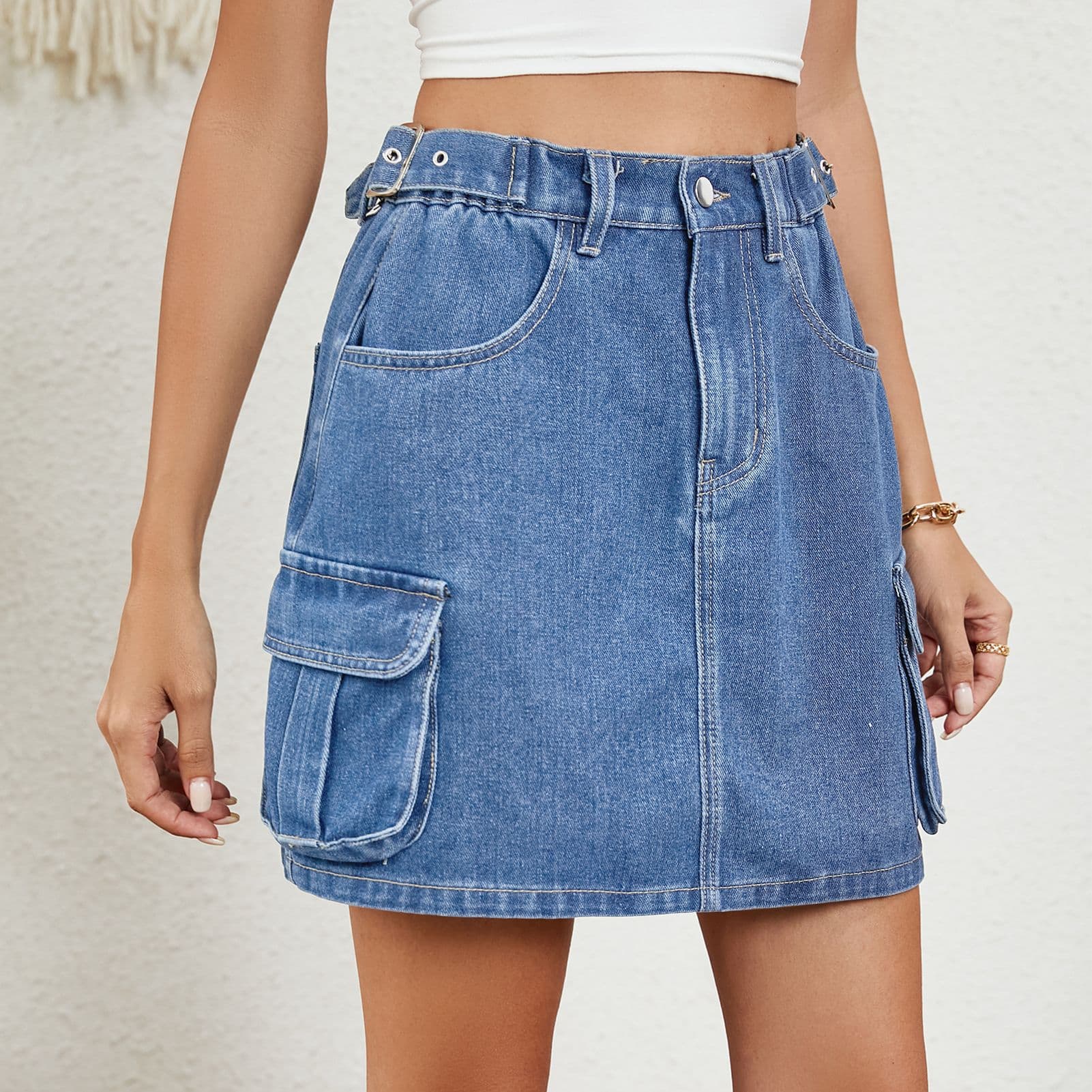 Women's Clothing Summer Washed Adjustable Waist Denim Short Skirt
