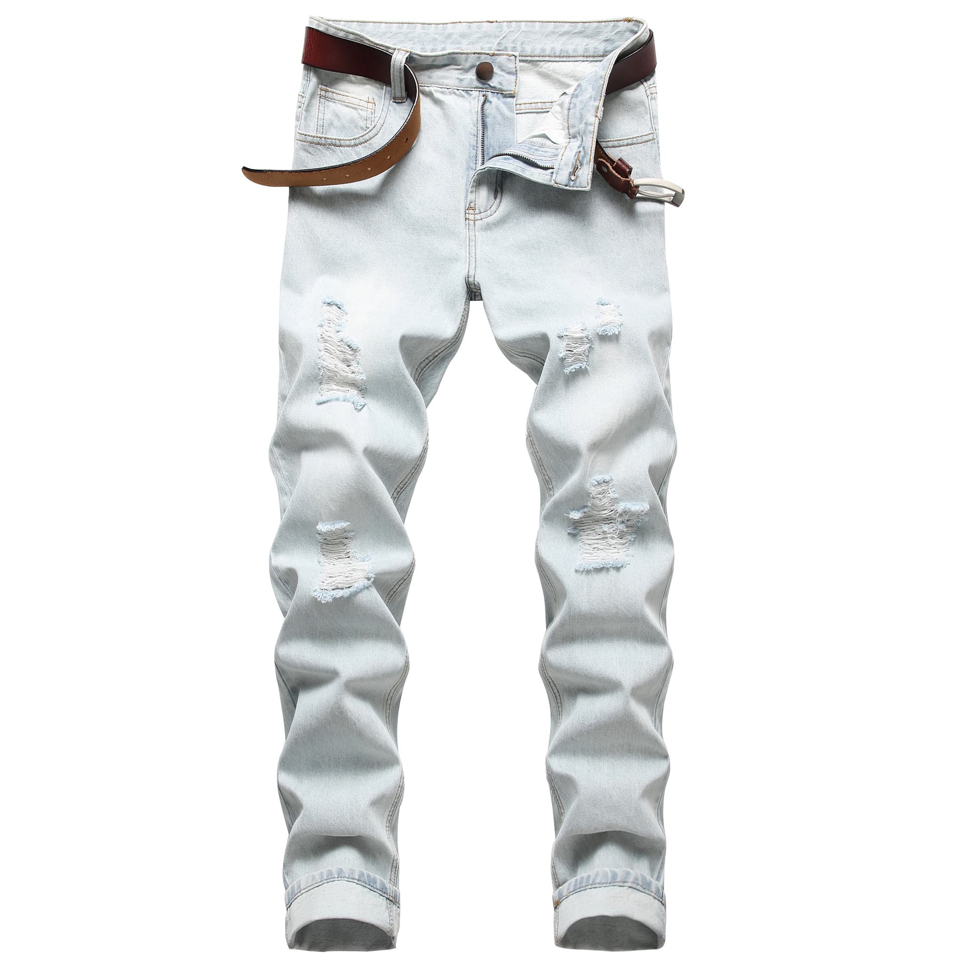Men's Straight Slim Fit Ripped Jeans Light White Blue Men's Trousers