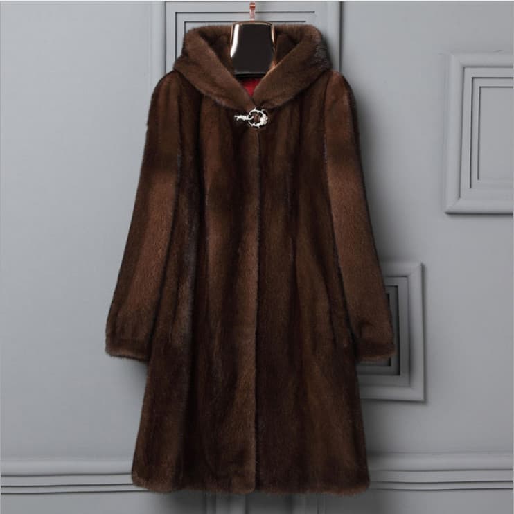Luxury Faux Mink Fur Coat For Women, Long Hooded Winter Coat With Elegant Embroidery, Plus Size Available In Black & Brown