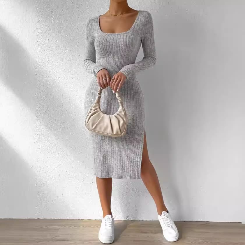 Women's Clothing Autumn And Winter Square Collar Long Sleeve Hem Slit Jacquard Brushed Dress