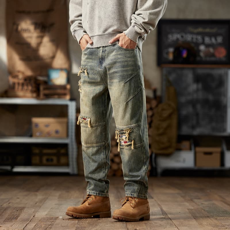 Men's Retro Ripped Distressed Jeans Loose Fit Casual Fashionable Long Pants