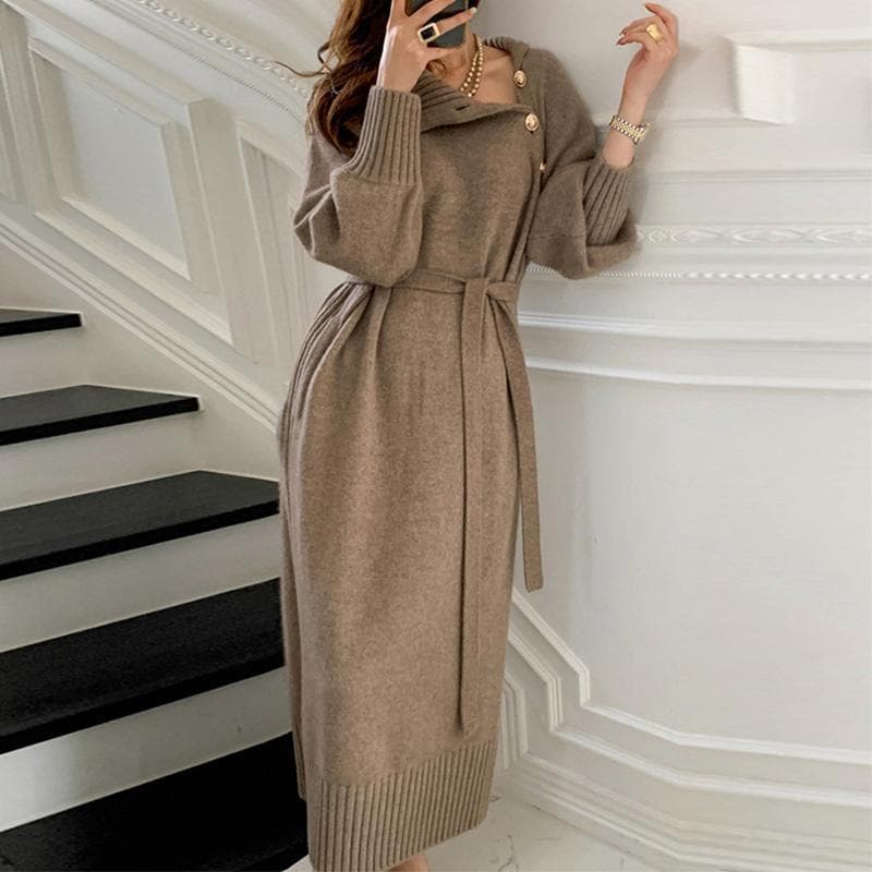 Elegant Long Knit Dress – French-Inspired Oversized Sweater Dress For Women, Versatile Fall & Winter Layering Piece