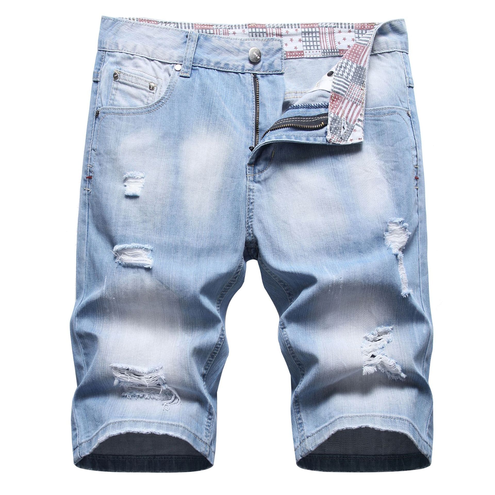 Man's clothing Summer thin denim shorts men's ripped medium pants trend loose straight printed men's quarter pants
