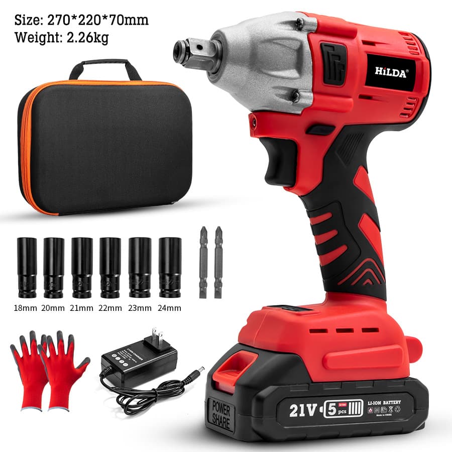 HILDA Cordless Impact Wrench With Lithium Battery, 320Nm Max Torque, 10mm Chuck, 300W Power, 8-Piece Accessory Kit
