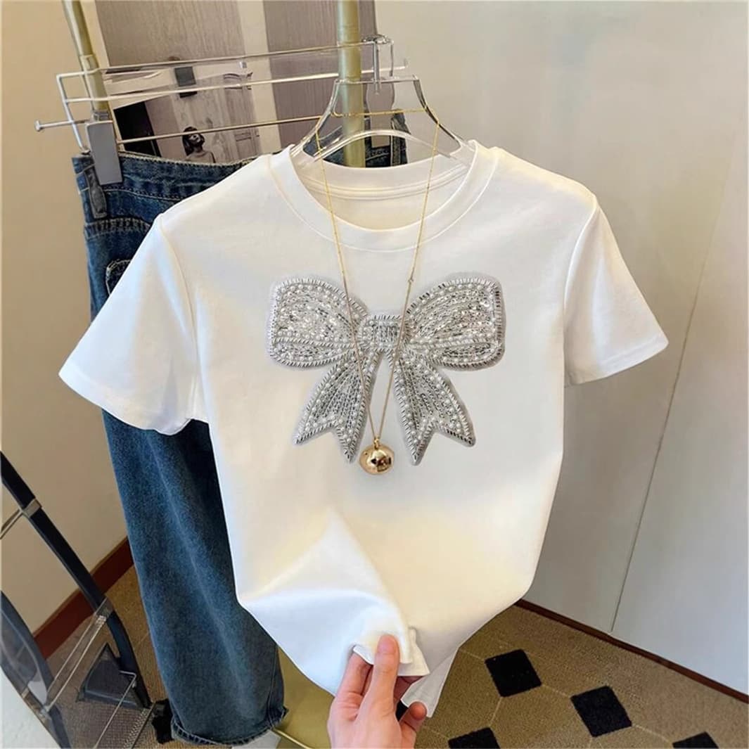 Women's Clothing Summer New Women's Clothing Fashion Leisure Commuting Loose Round Neck Bow Print T Shirt Short