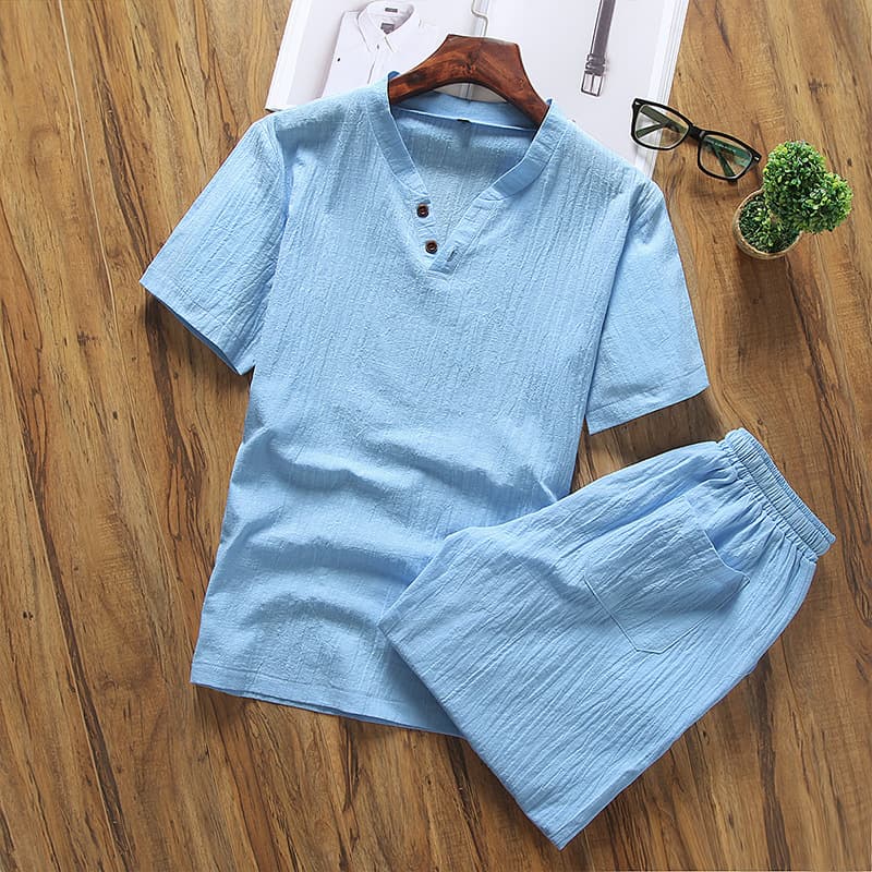 Men's Clothing Short Sleeved T Shirt Cotton And Linen Suit Summer New Men's Solid Color V Neck Teenagers Fashion Casual Two Piece Suit