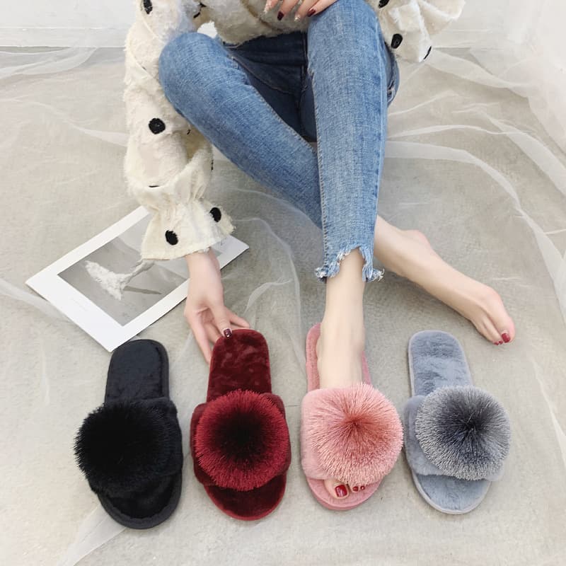 Furry With Pom-Poms, One-Word For Women, Plus Size Indoor Plush Flat Floor Slippers, Open-Toe Cotton Slippers