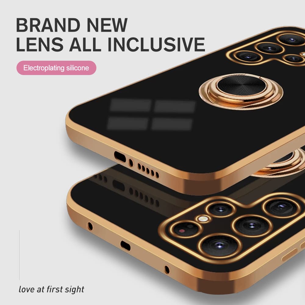 For Samsung Galaxy S24 Ultra Case Gold Frame Plating Soft Cover SamsungS24 Plus S24+ S24Ultra 5G Car Magnetic Ring