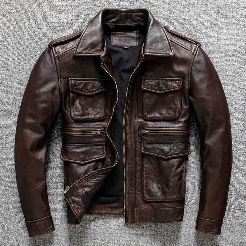 ​​Slim-Fit Workwear Leather Jacket For Men – Vintage American Style, Stand Collar, Lightweight & Stylish (Brown/Black)​​