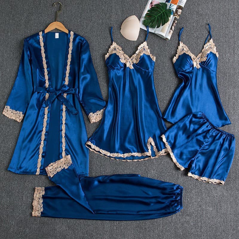 Foreign trade cross border new pajamas with chest pads Silk sexy sling golden flower five piece pajamas thin home clothes