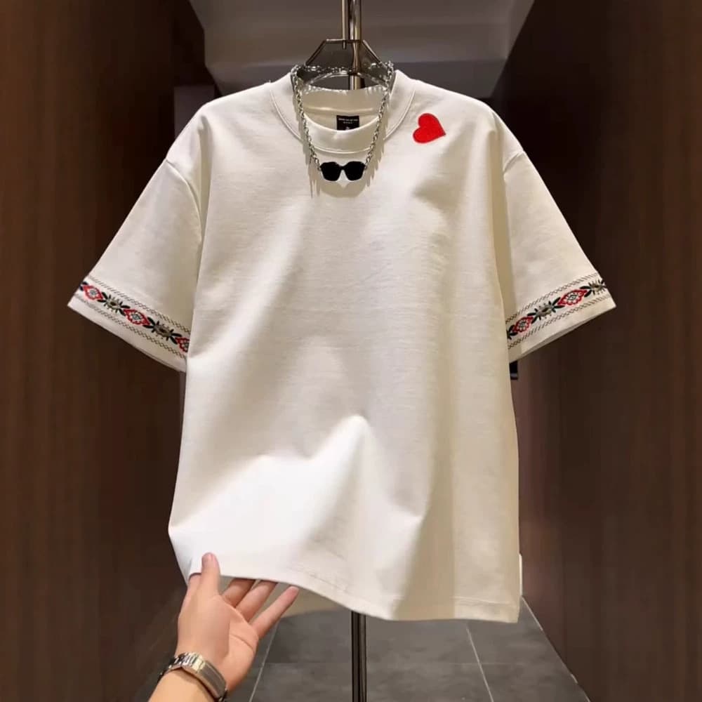 Men's Fashionable Heart Shaped Casual T-Shirt Summer Style Heavy Duty Embroidered Cuffs Chinese Style round Neck Short Sleeve