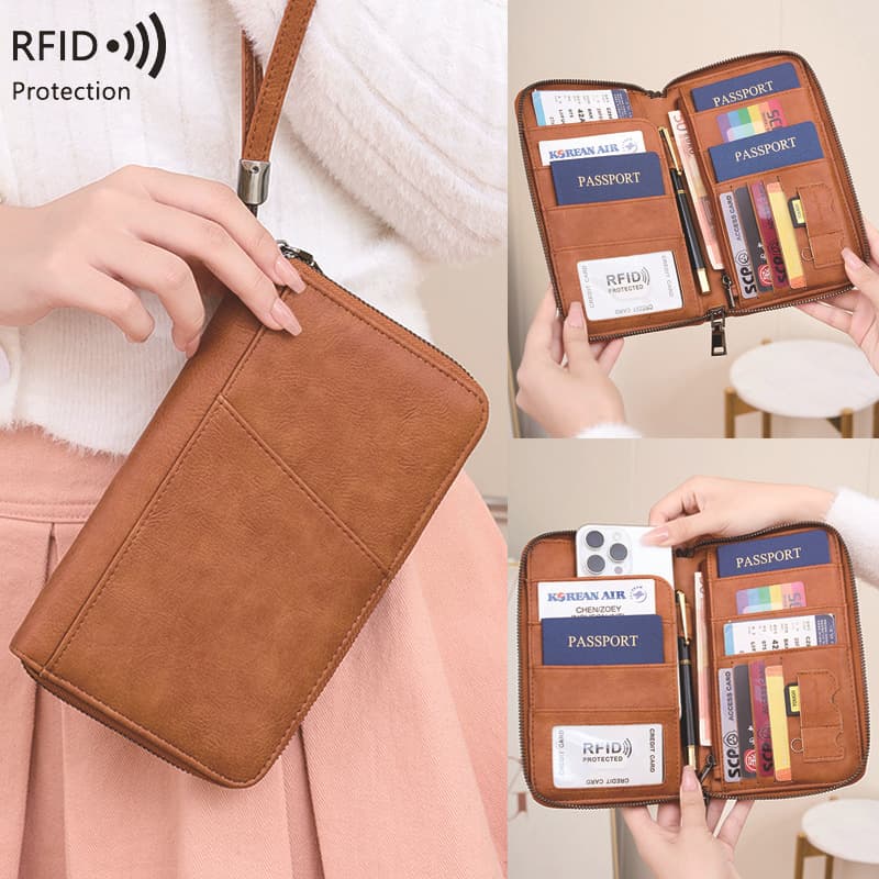 RFID Blocking Travel Wallet With Zipper - Slim Passport Holder Multi-Functional Credit Card Organizer, Waterproof & Anti-Theft Document Pouch