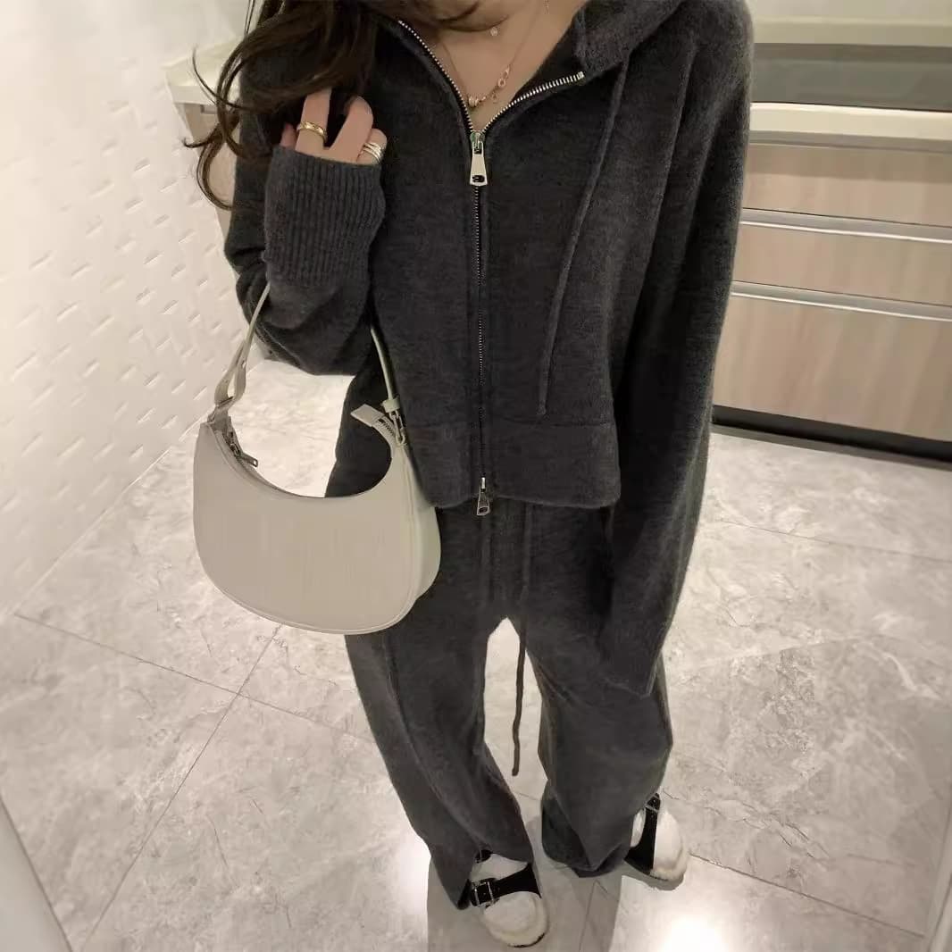 Women's Clothing new zipper hooded sweater two piece spring and autumn casual fashion split knitted wide leg pants suit for women