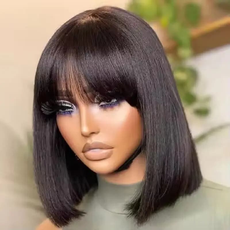 Brazilian Human Hair Bob Wig with Bangs, Straight, 8-14 Inches