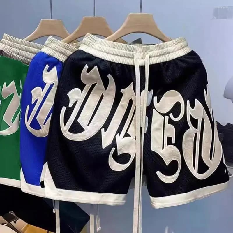 Men's Shorts Men Summer Pants Letter Print Drawstring With Elastic Waist Pockets Knee Length Vacation Beach Sport Casual