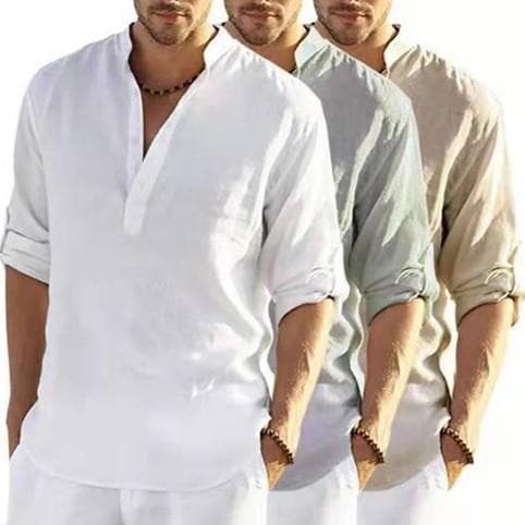 Men's Clothing Men's Casual Cotton And Linen Solid Color Long Sleeved Shirts Loose Stand Up Collar Shirts For Men In Stock