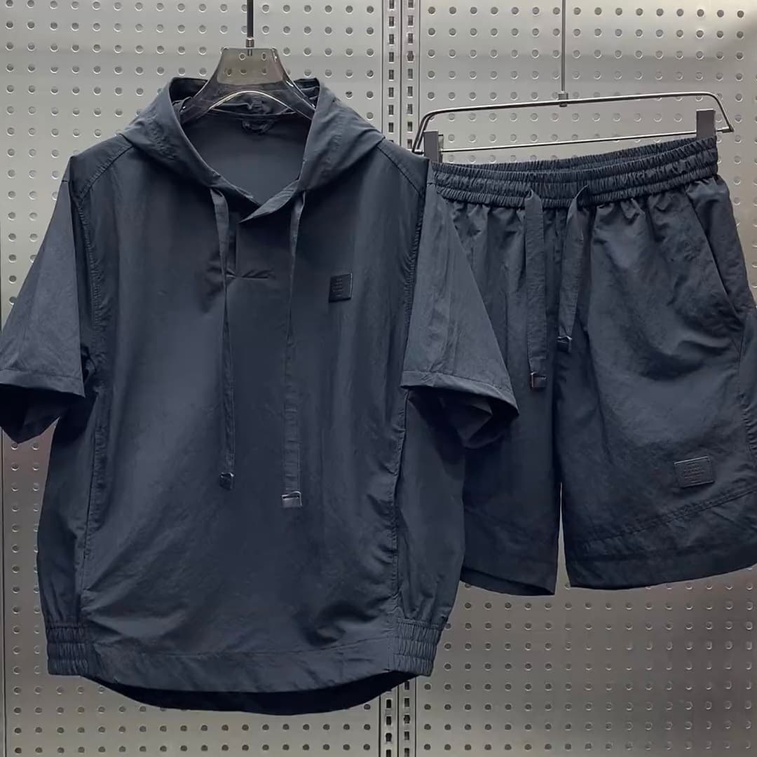 Men's Clothing Summer Thin Breathable Sunscreen Hooded Short Sleeved Shorts Two Piece Suit Men's Trendy Simple Solid Color Loose Casual Suit