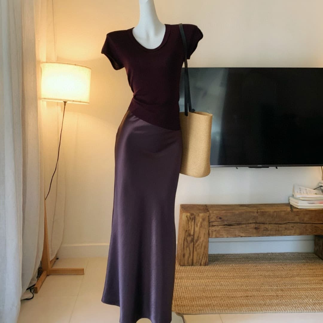 Elegant Purple Two-Piece Set - Flowy High-Slit Chiffon Midi Skirt & Short Sleeve Top, Summer Women's Outfit