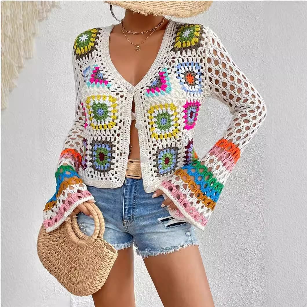 Women's Clothing Retro Ethnic Style Hook Flower Rainbow Long Sleeved Cardigan Hand Knitted Sweater Hollow Knitted Top